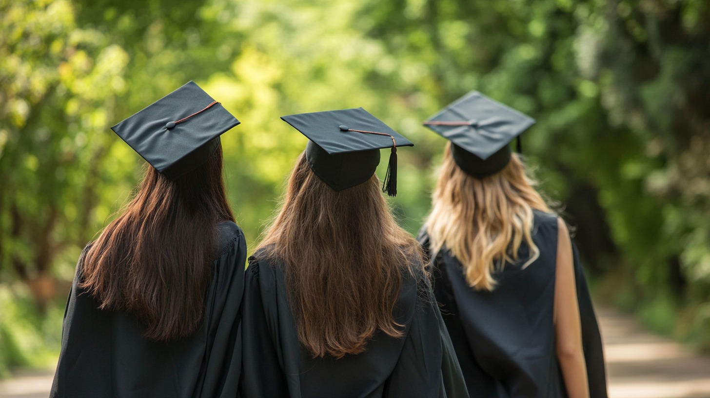 Three young women in graduation gowns walking outdoors with their backs turned