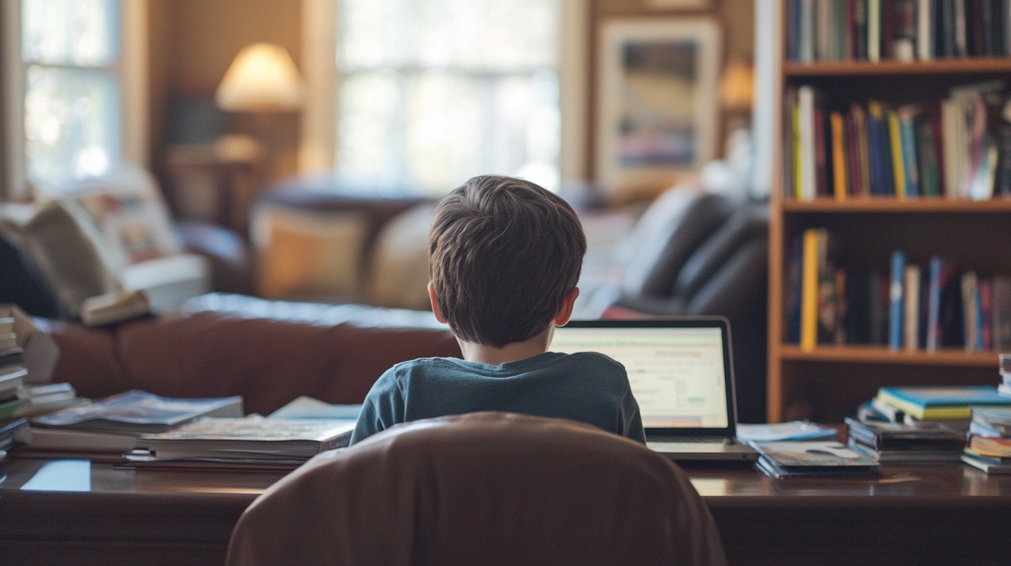 A child sitting at a desk using a laptop for homeschooling, surrounded by books