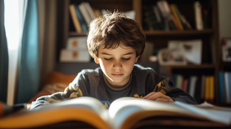 A young boy reading a book in a cozy room with bookshelves in the background