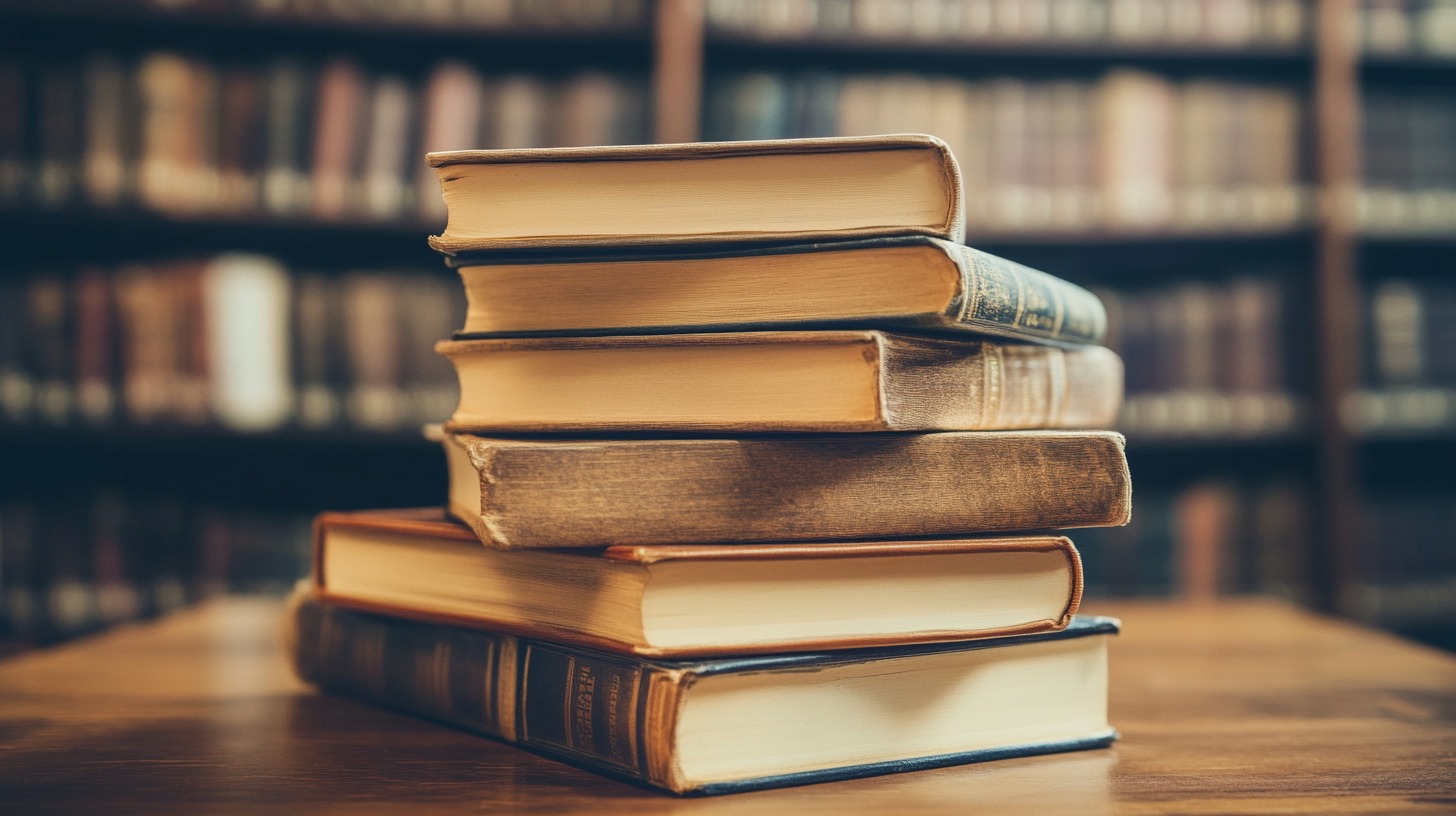 A stack of old books on a wooden table in a library