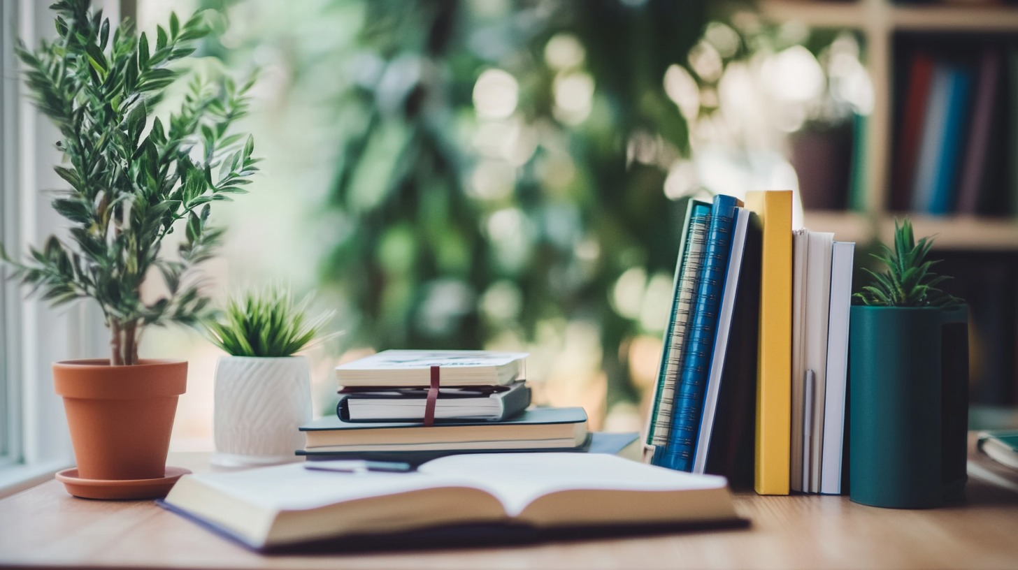 A study desk with books, notebooks, and plants in a bright, natural setting