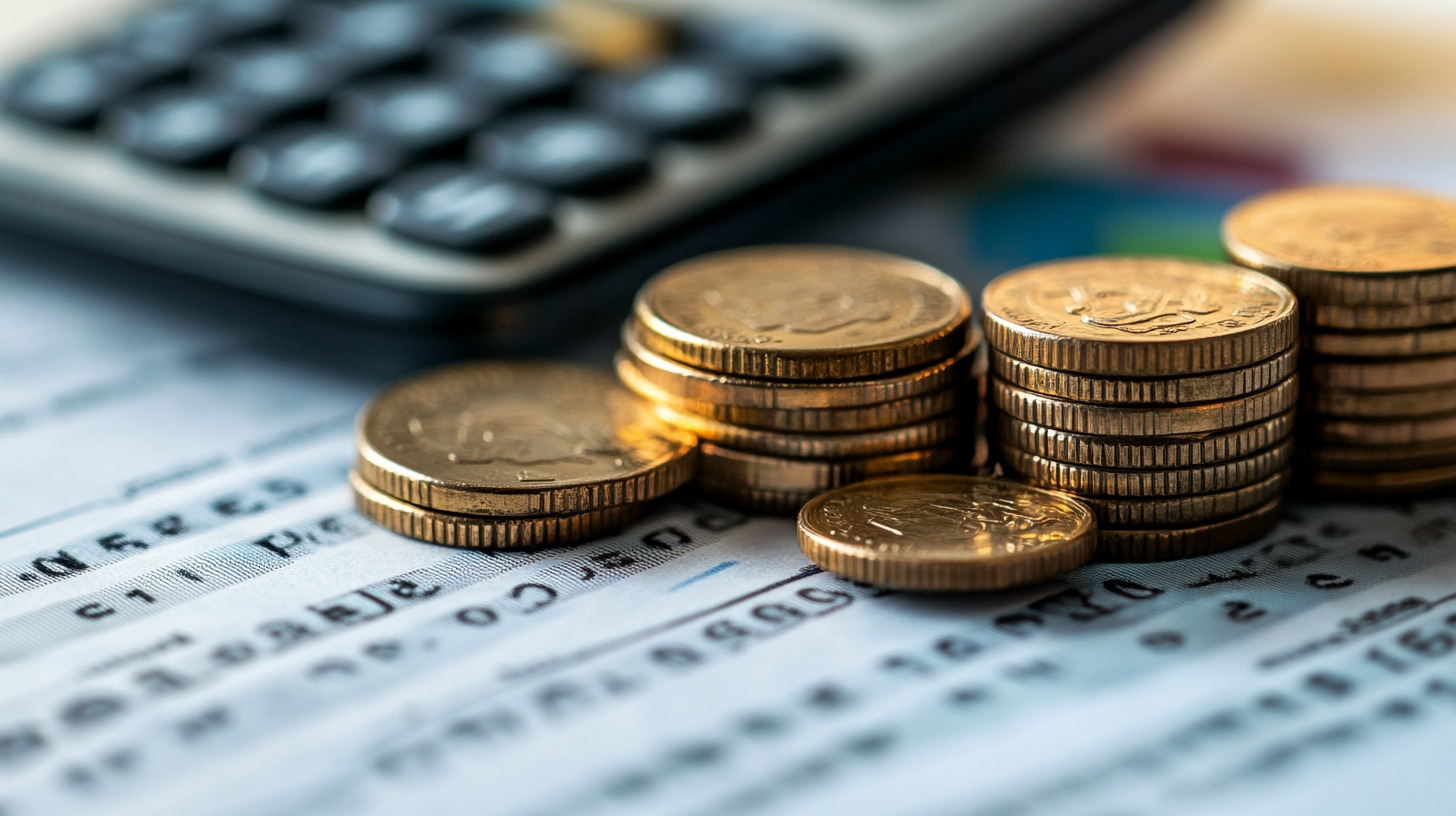 Stacks of gold coins placed on financial documents with a calculator in the background