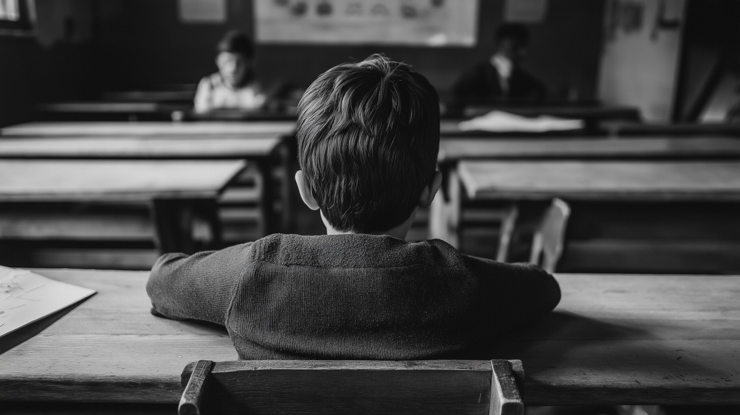 A black-and-white image of a young boy sitting alone at a wooden desk in an old-fashioned classroom, with other students blurred in the background