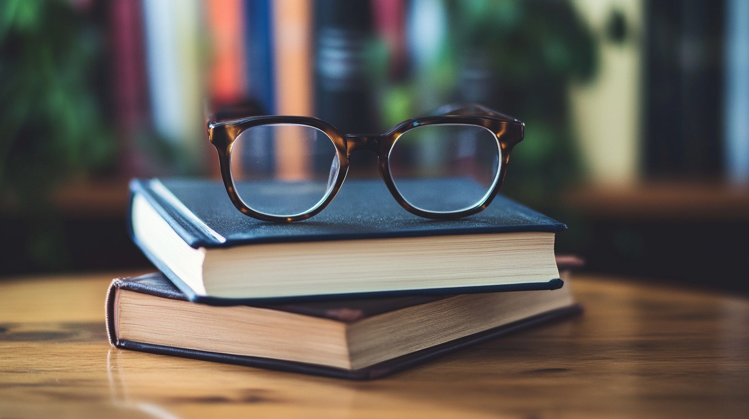 A pair of tortoiseshell glasses resting on top of two stacked hardcover books on a wooden table, with a blurred bookshelf in the background