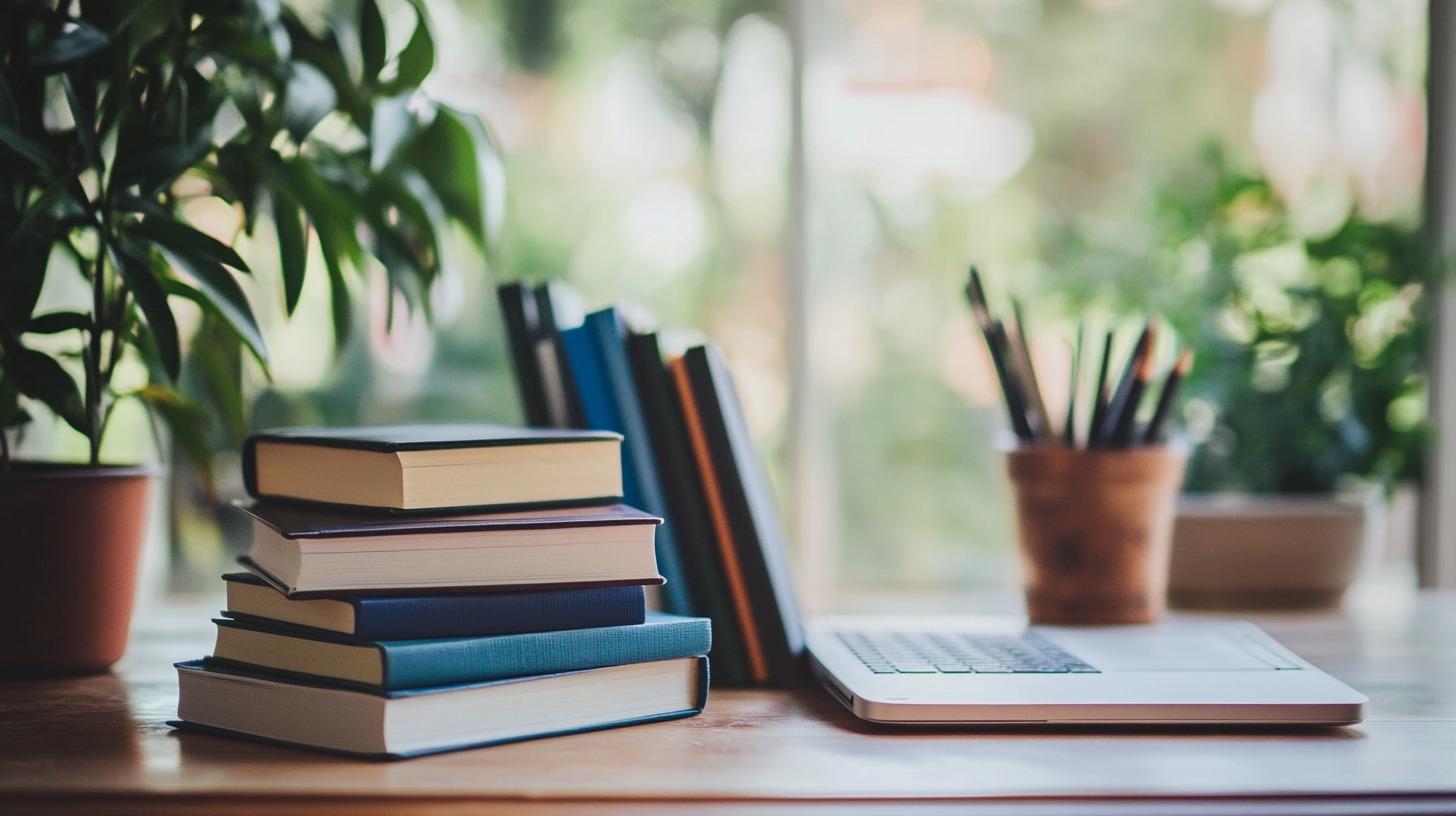 A study desk with stacked books, a laptop, a container of pencils, and green plants in the background, bathed in natural light