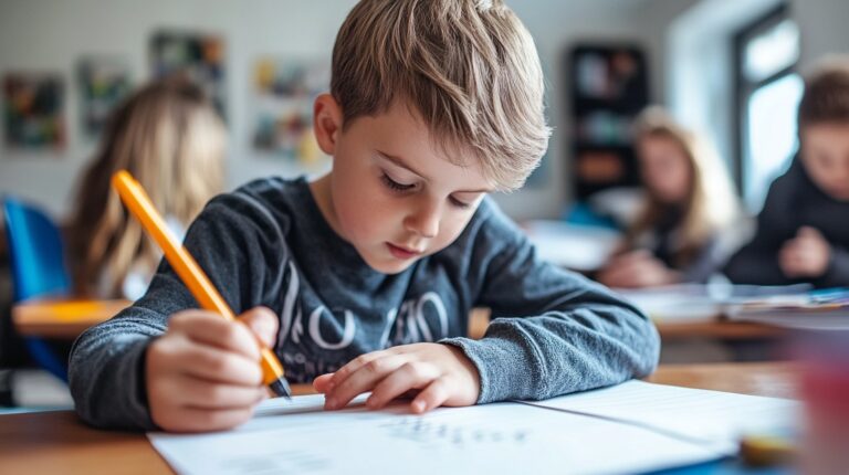 A young boy concentrating on his writing in a classroom, surrounded by other students engaged in their work