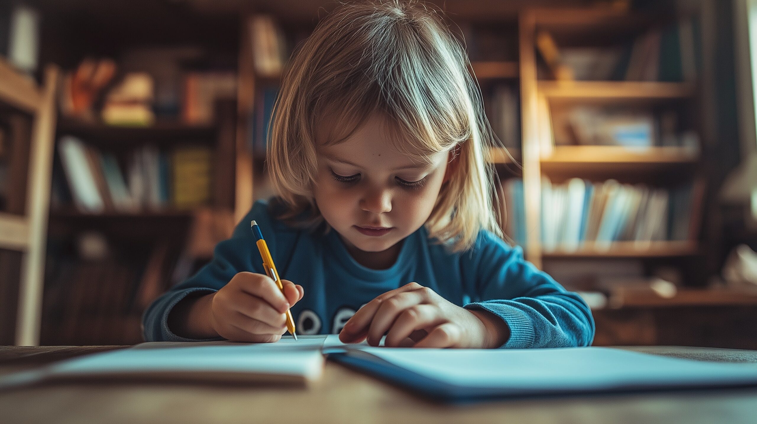 A young child with blonde hair, wearing a blue sweater, writing in a notebook at a wooden table with bookshelves in the background