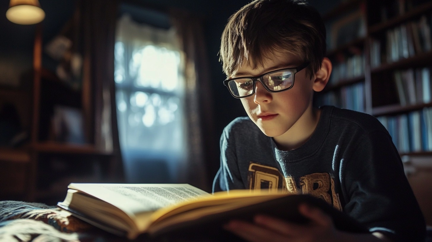 A young boy wearing glasses, deeply focused on reading a book in a cozy, dimly lit room with bookshelves in the background