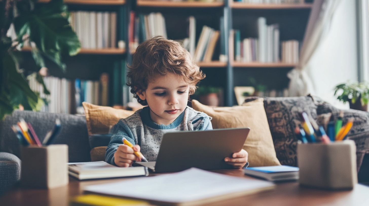 A young child sitting at a table, using a tablet while holding a pencil, surrounded by books, papers, and colorful pens in a cozy home setting